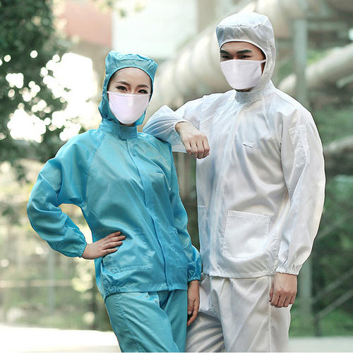 食品廠防靜電連帽工服定做白色和藍色款式圖